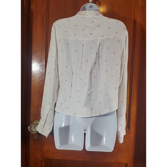 Anthropologie Rails M White Button Down Long Sleeve Pink Hearts Waist Tie Shirt - Picture 10 of 15